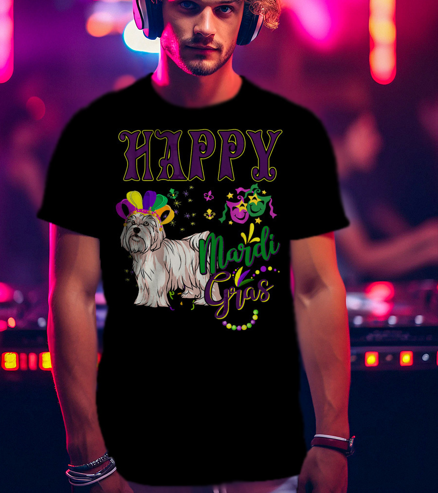 Happy Mardi Gras Maltese With Colorful Masks And Beads T-Shirt