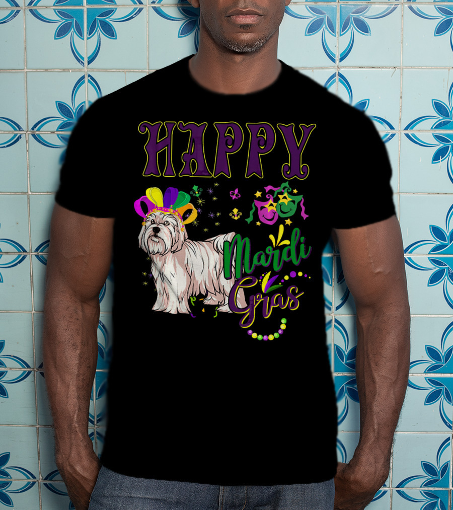 Happy Mardi Gras Maltese With Colorful Masks And Beads T-Shirt