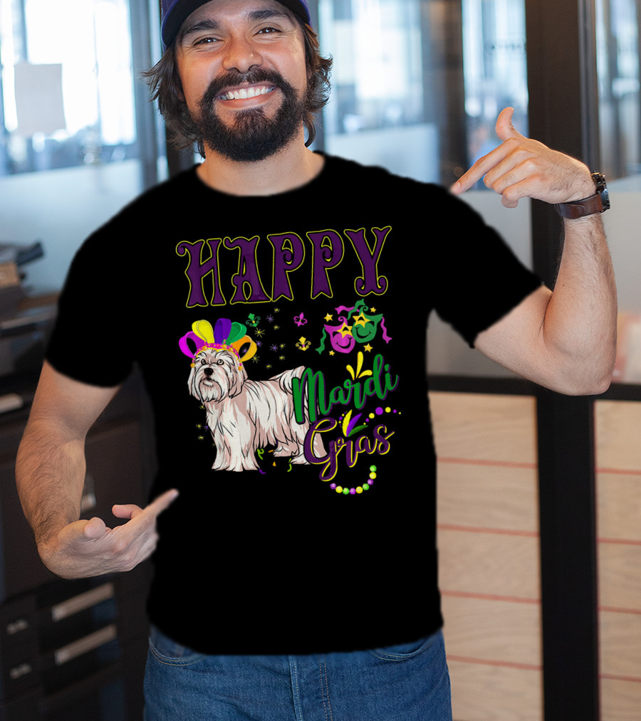 Happy Mardi Gras Maltese With Colorful Masks And Beads T-Shirt