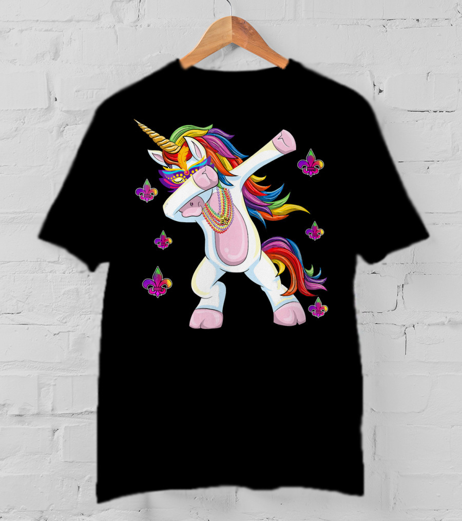 Mardi Gras New Orleans Unicorn Dabbing Fleur-de-Lis Beads T-Shirt