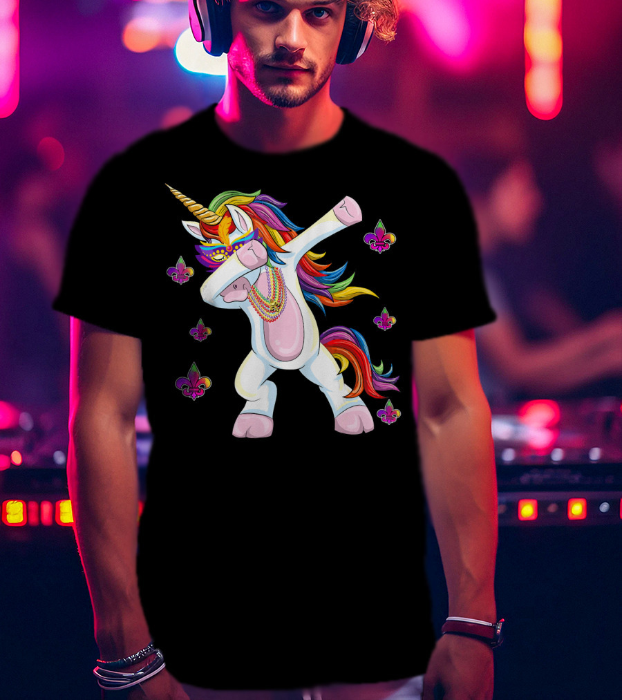Mardi Gras New Orleans Unicorn Dabbing Fleur-de-Lis Beads T-Shirt