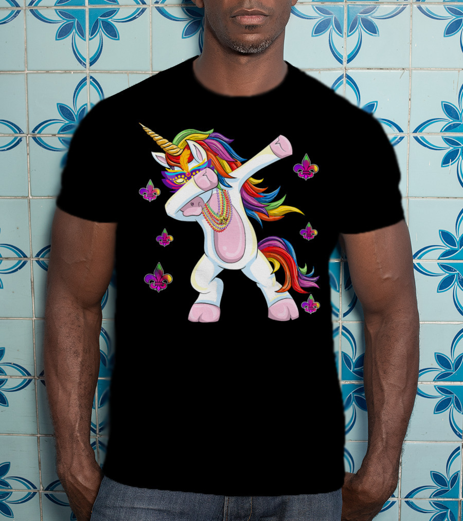 Mardi Gras New Orleans Unicorn Dabbing Fleur-de-Lis Beads T-Shirt