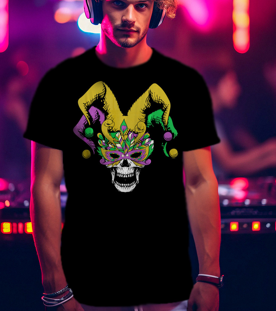 Mardi Gras Skull Jester Hat Masquerade Mask T-Shirt
