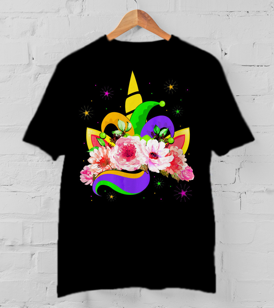 Mardi Gras Unicorn Costume With Mask Bea Floral Headpiece And Colorful Jester Hat T-Shirt
