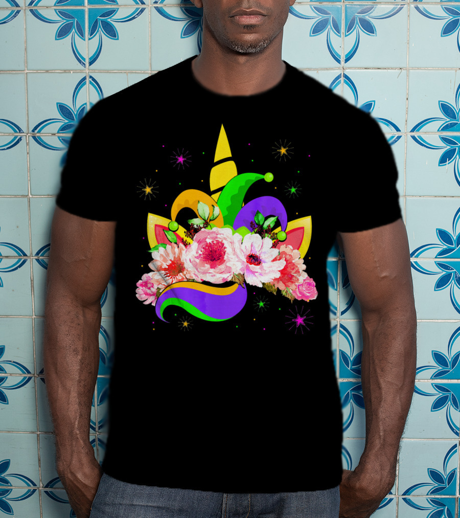 Mardi Gras Unicorn Costume With Mask Bea Floral Headpiece And Colorful Jester Hat T-Shirt