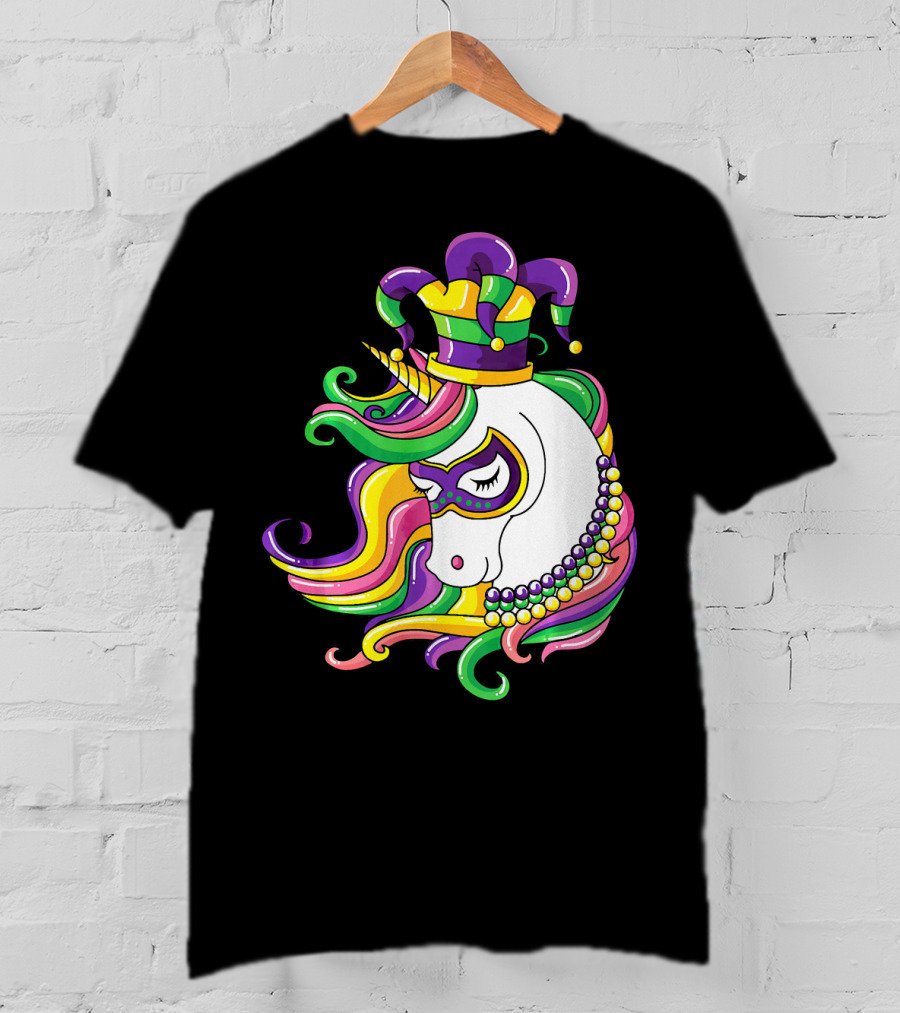 Jester Hat Rainbow Unicorn Mardi Gras Beads T-Shirt