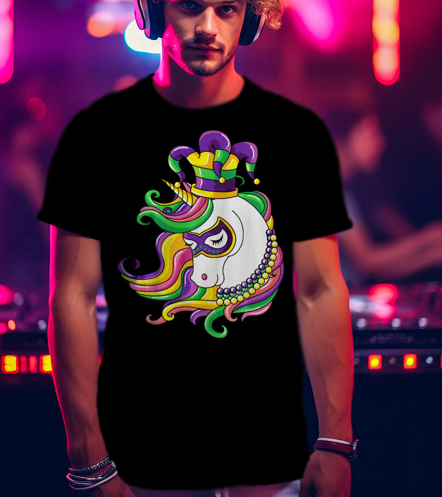 Jester Hat Rainbow Unicorn Mardi Gras Beads T-Shirt