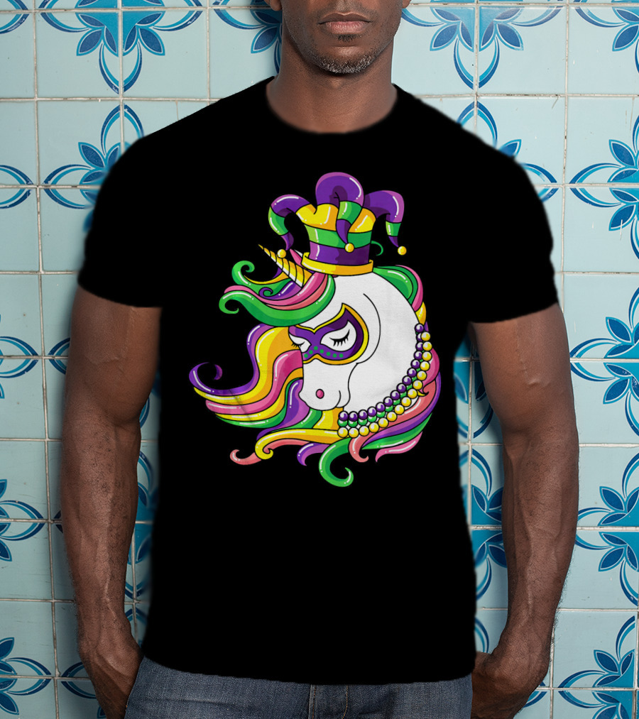 Jester Hat Rainbow Unicorn Mardi Gras Beads T-Shirt