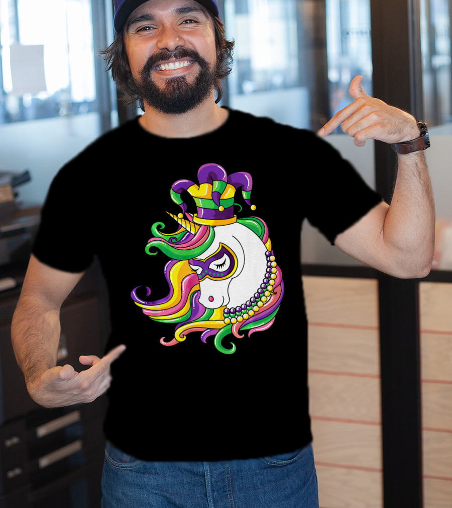 Jester Hat Rainbow Unicorn Mardi Gras Beads T-Shirt
