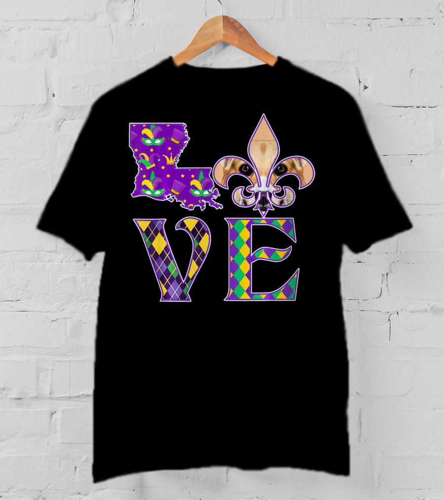 Louisiana Love Mardi Gras Corgi Fleur-de-Lis Mask T-Shirt