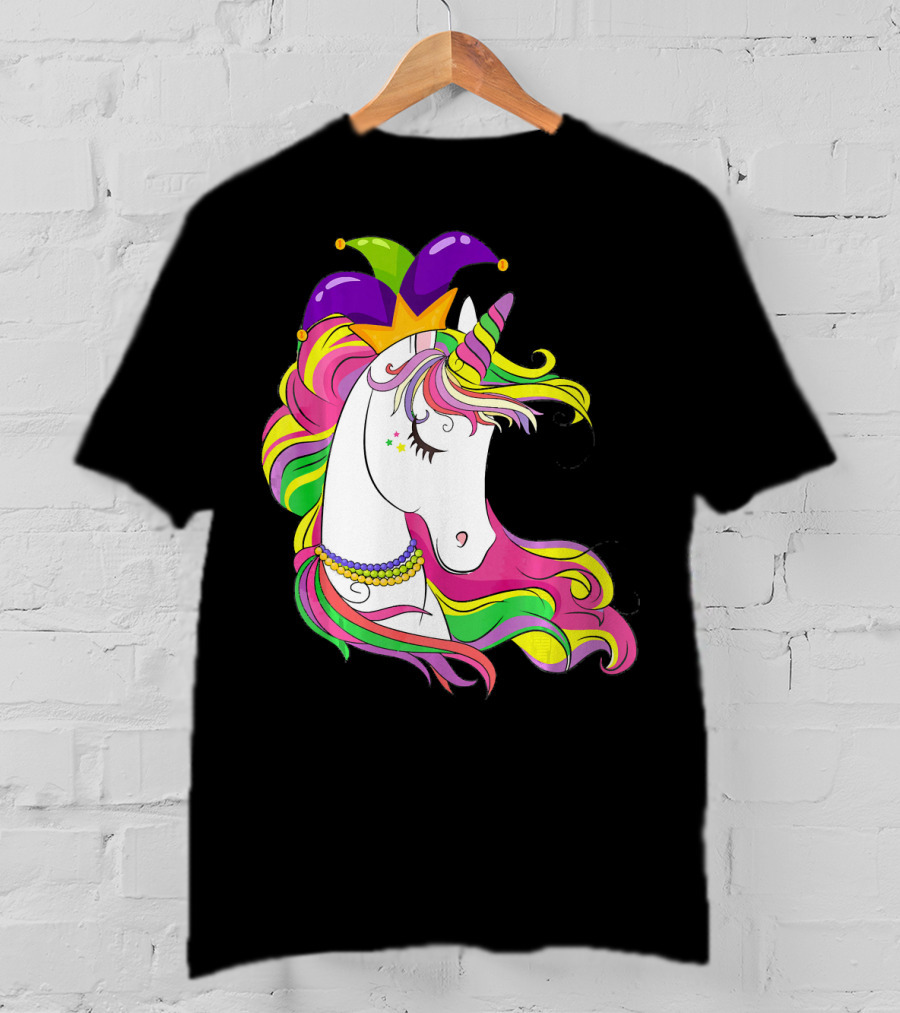 Jester Rainbow Unicorn Mardi Gras Costume With Colorful Mane And Hat T-Shirt