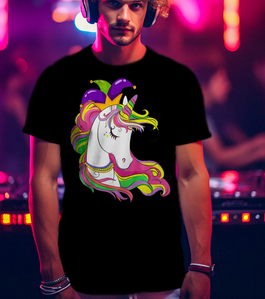 Jester Rainbow Unicorn Mardi Gras Costume With Colorful Mane And Hat T-Shirt