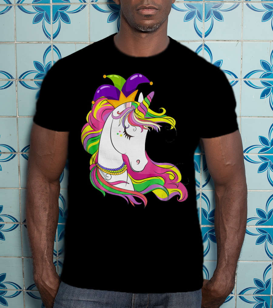 Jester Rainbow Unicorn Mardi Gras Costume With Colorful Mane And Hat T-Shirt