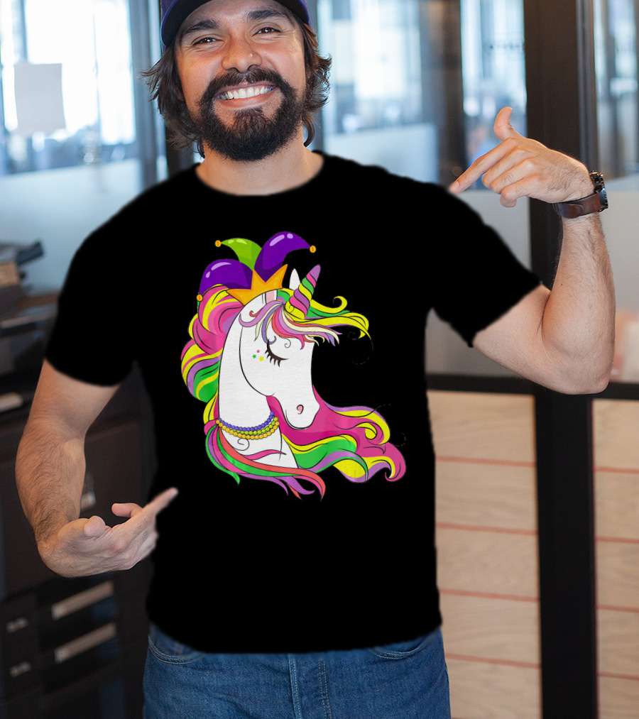 Jester Rainbow Unicorn Mardi Gras Costume With Colorful Mane And Hat T-Shirt