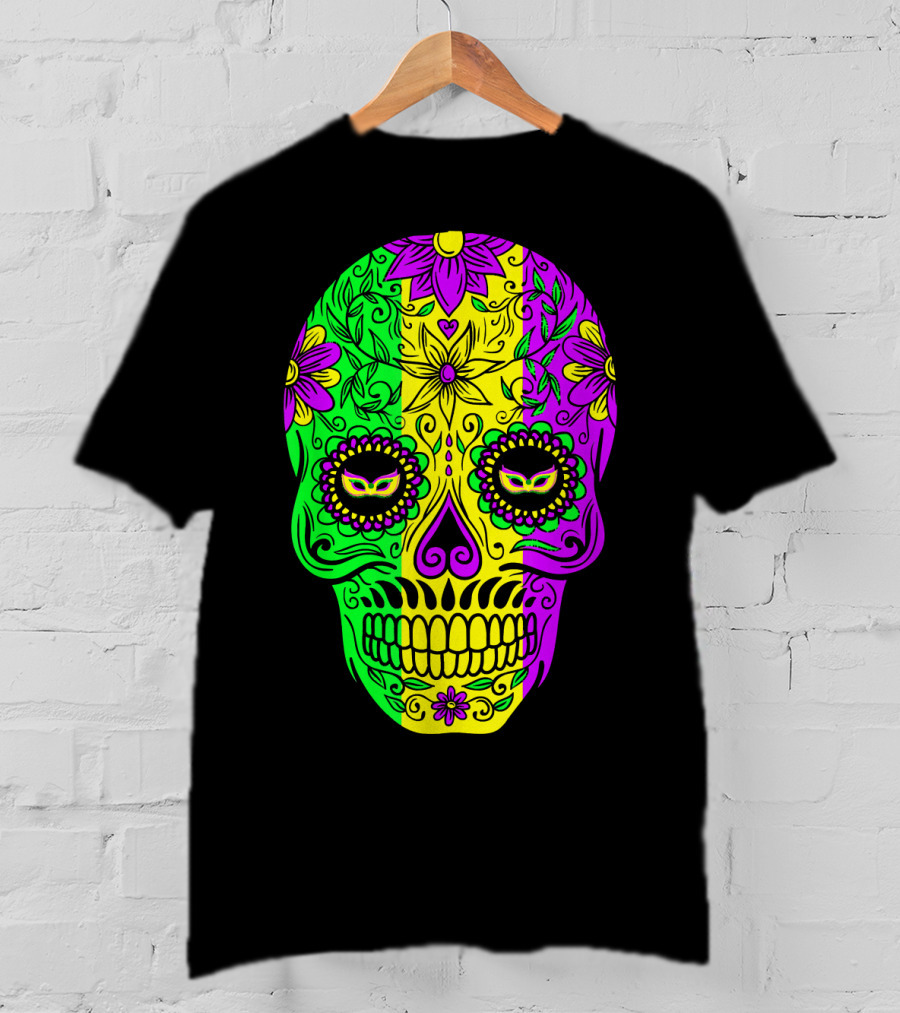 Mardi Gras Sugar Skull With Jester Hat Design And Colorful Floral T-Shirt