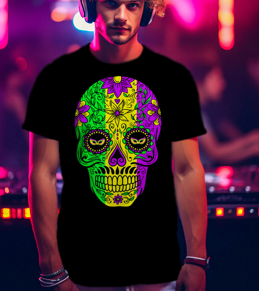 Mardi Gras Sugar Skull With Jester Hat Design And Colorful Floral T-Shirt