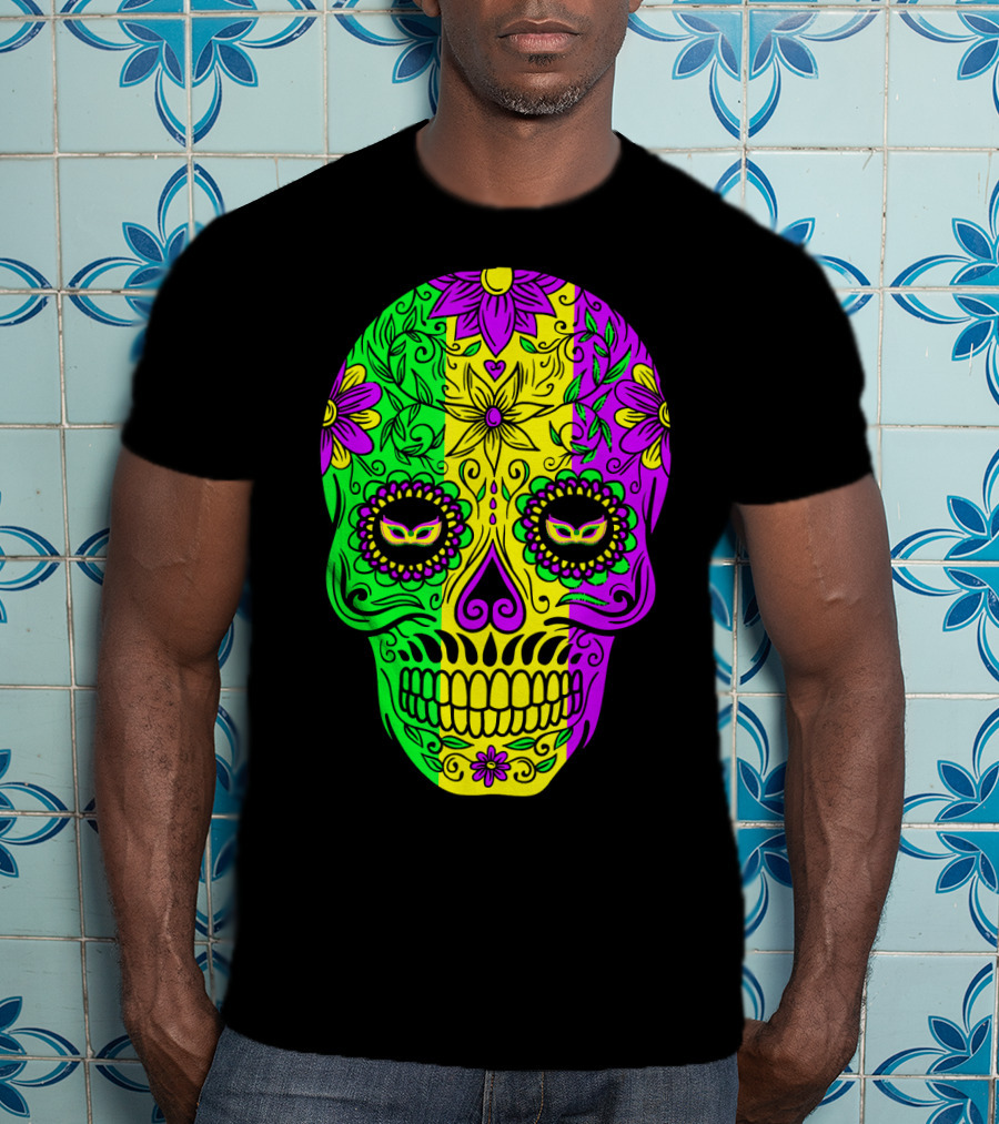 Mardi Gras Sugar Skull With Jester Hat Design And Colorful Floral T-Shirt
