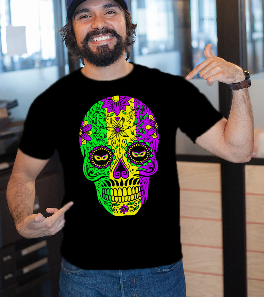 Mardi Gras Sugar Skull With Jester Hat Design And Colorful Floral T-Shirt