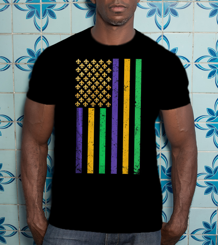 Mardi Gras American Flag Fleur-de-Lis Party Fun T-Shirt