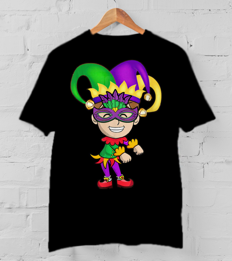 Mardi Gras Jester Kid Flossing Dance Colorful Mask And Costume T-Shirt