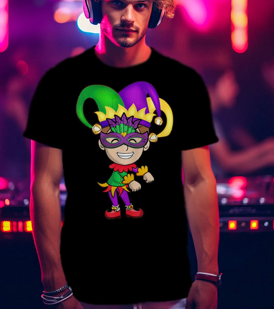 Mardi Gras Jester Kid Flossing Dance Colorful Mask And Costume T-Shirt