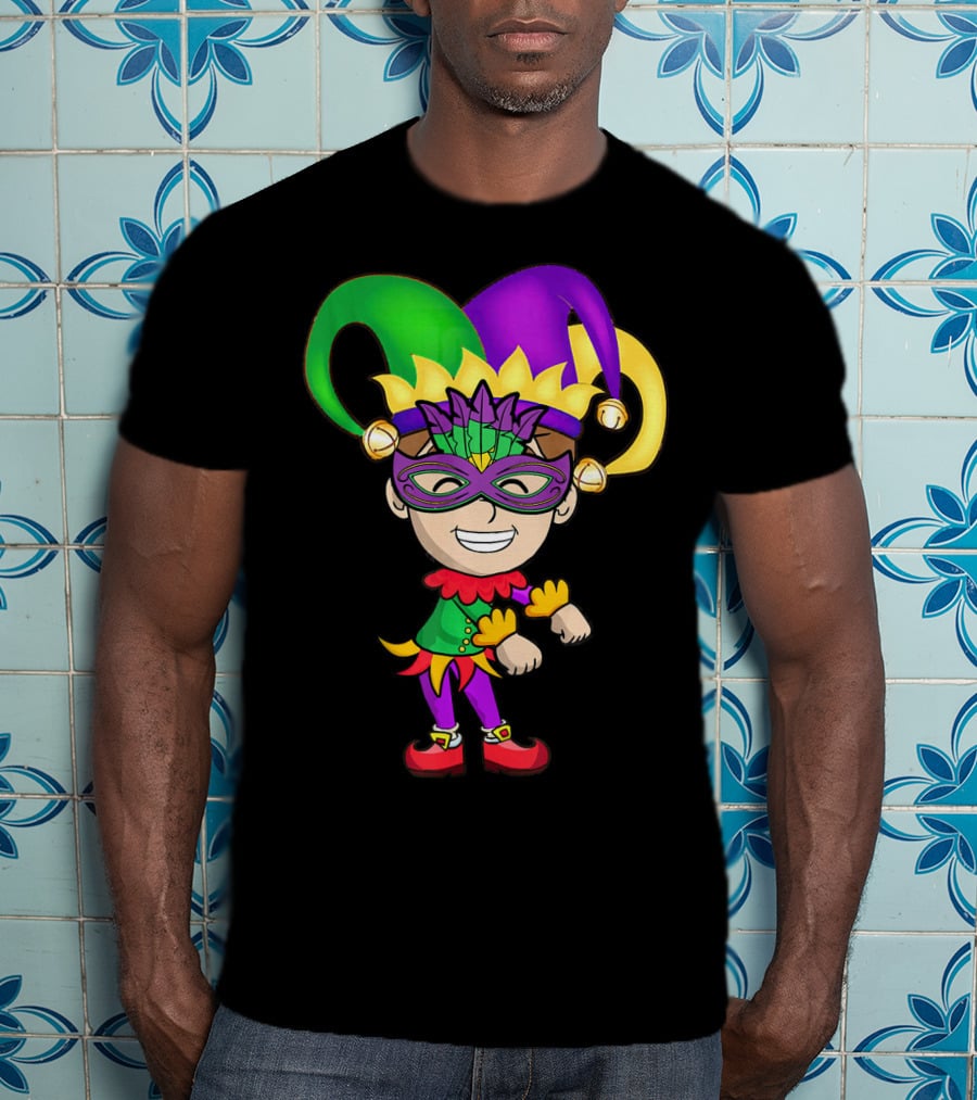 Mardi Gras Jester Kid Flossing Dance Colorful Mask And Costume T-Shirt