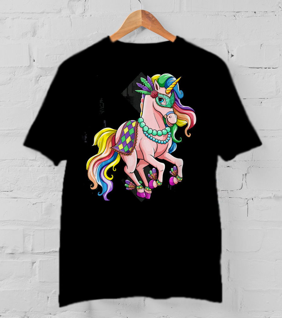 Mardi Gras Unicorn New Orleans Beads Mask Colorful Harlequin T-Shirt
