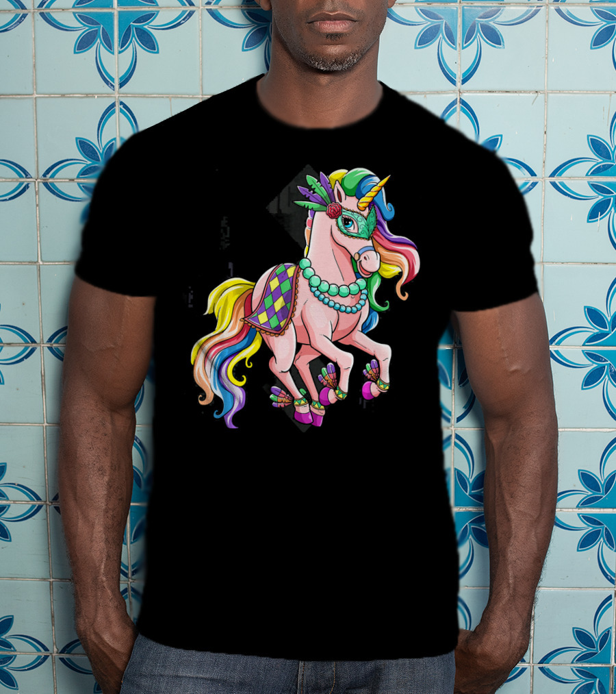 Mardi Gras Unicorn New Orleans Beads Mask Colorful Harlequin T-Shirt