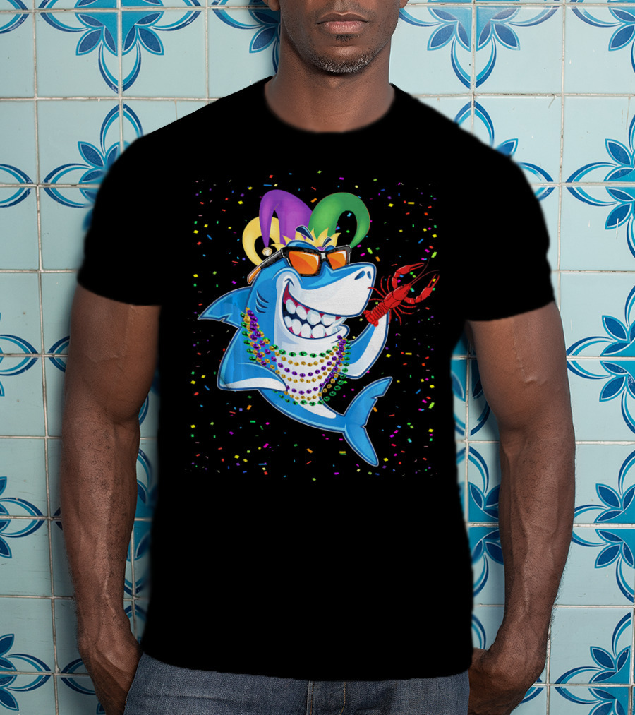 Funny Shark Mardi Gras Jester Beads Crawfish T-Shirt