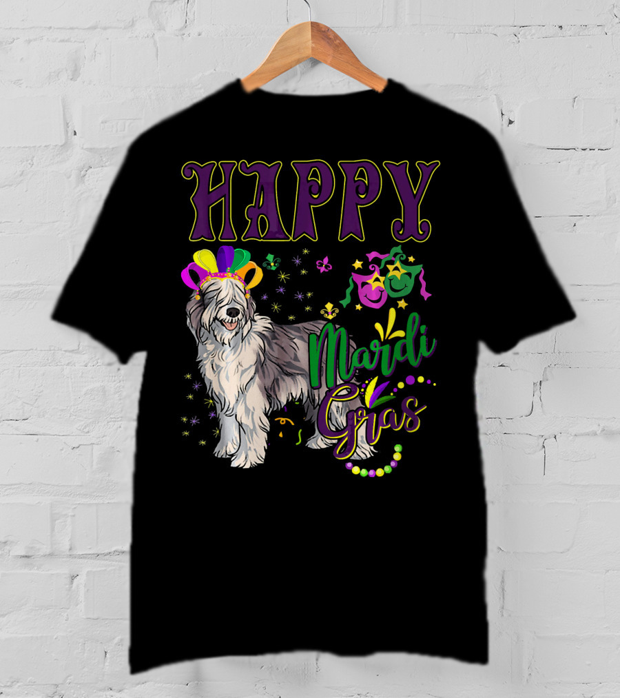 HAPPY Mardi Gras Olde English Sheepdog Mask Beads T-Shirt
