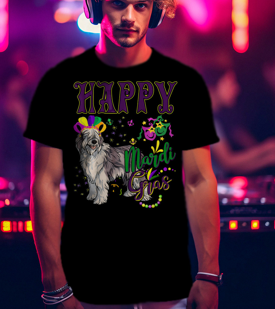 HAPPY Mardi Gras Olde English Sheepdog Mask Beads T-Shirt