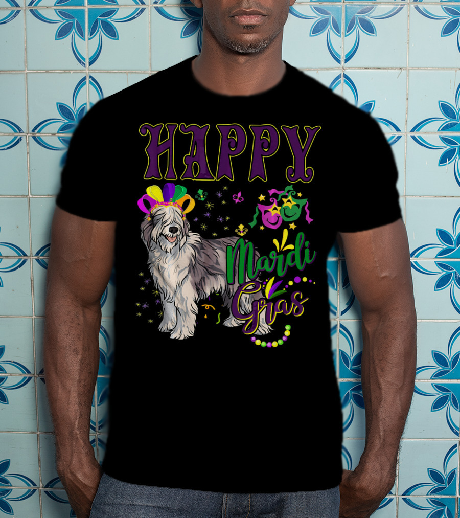 HAPPY Mardi Gras Olde English Sheepdog Mask Beads T-Shirt