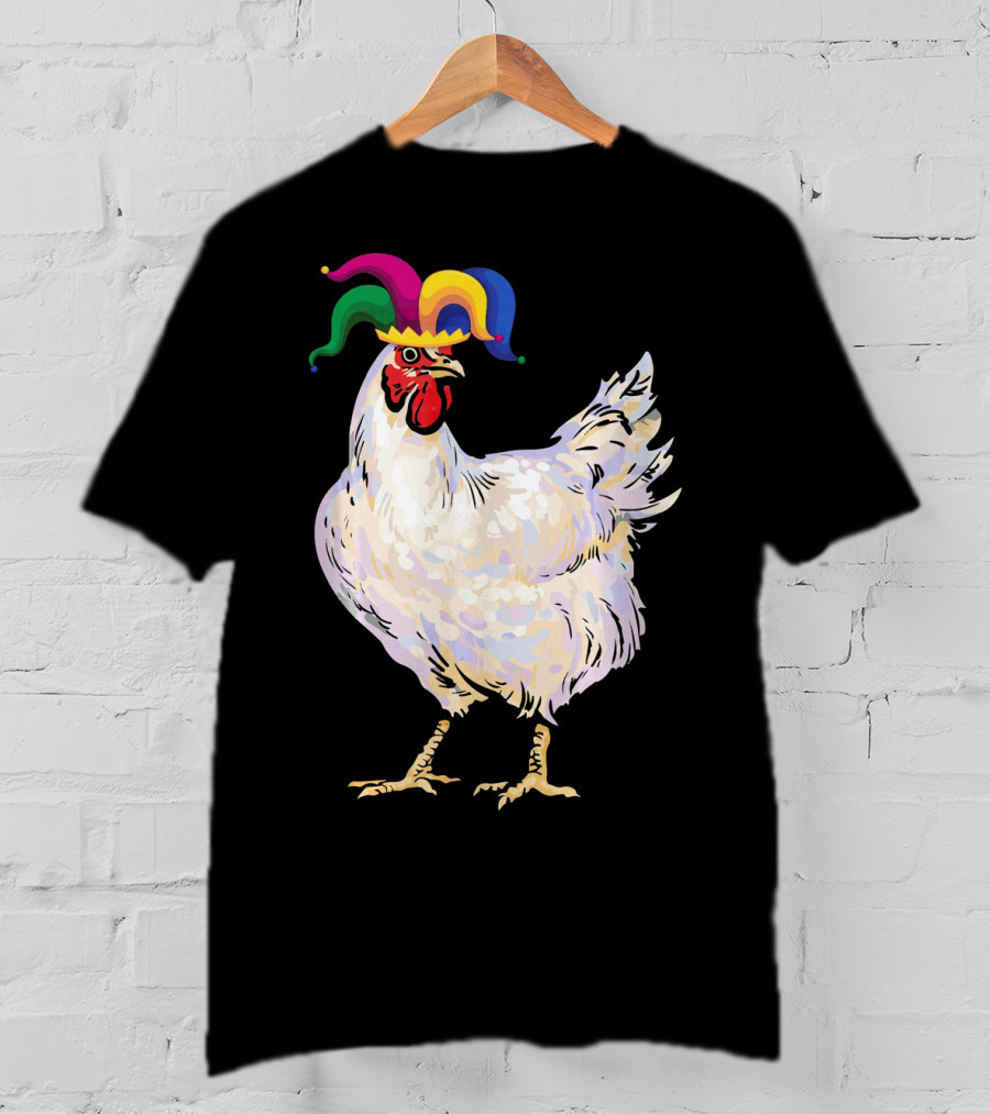 Funny Mardi Gras Chicken Wearing Colorful Jester Hat T-Shirt