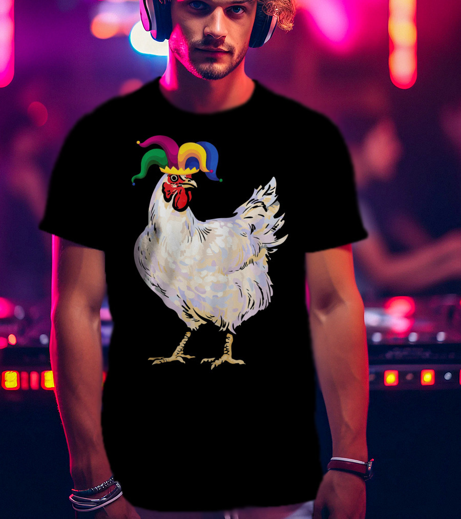 Funny Mardi Gras Chicken Wearing Colorful Jester Hat T-Shirt