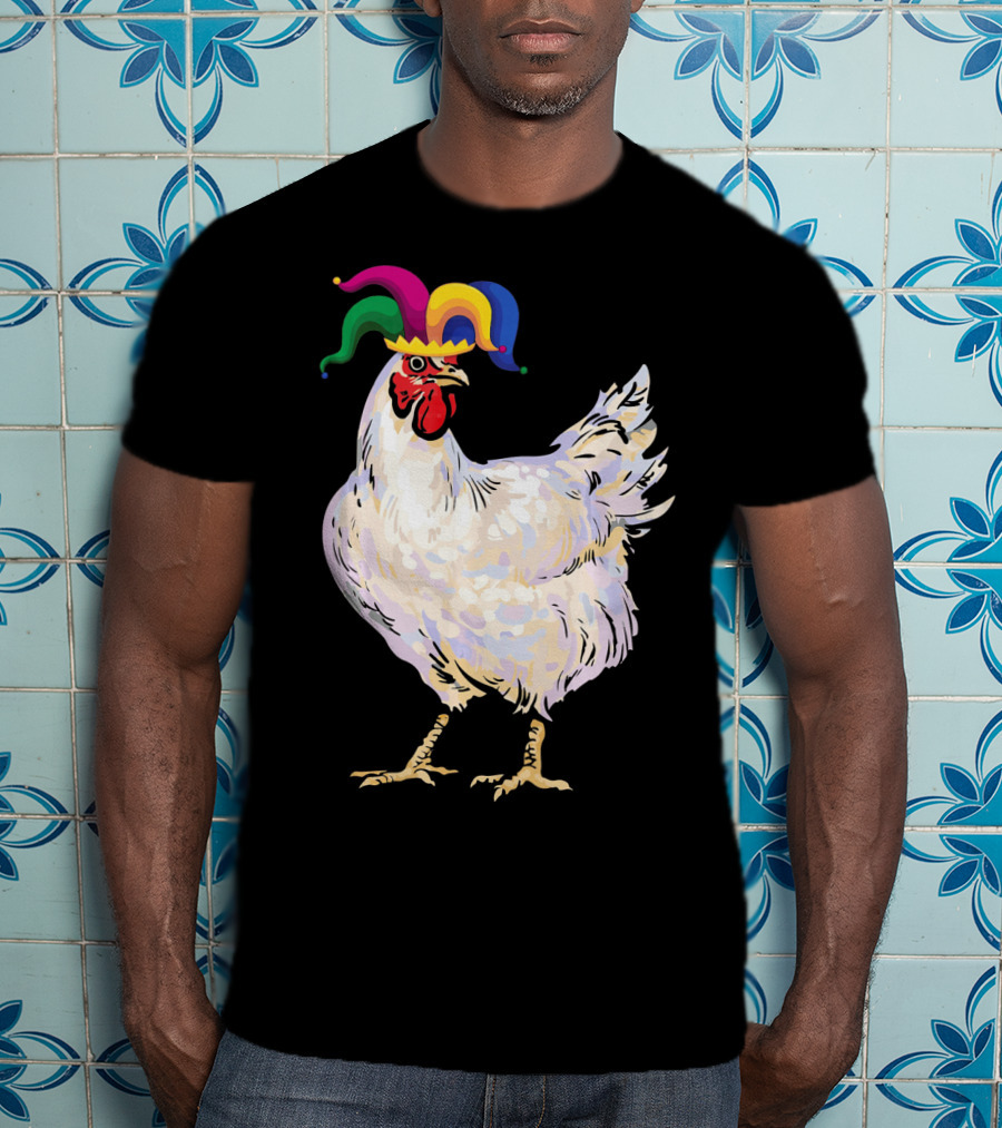 Funny Mardi Gras Chicken Wearing Colorful Jester Hat T-Shirt