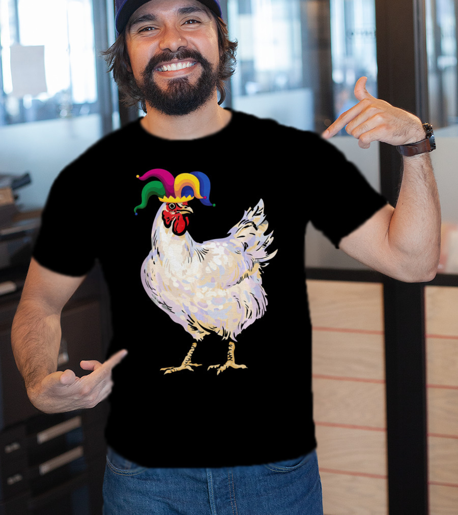 Funny Mardi Gras Chicken Wearing Colorful Jester Hat T-Shirt