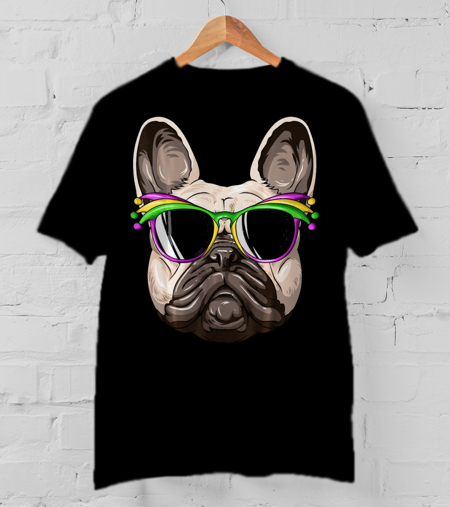 French Bulldog With Mardi Gras Jester Sunglasses T-Shirt