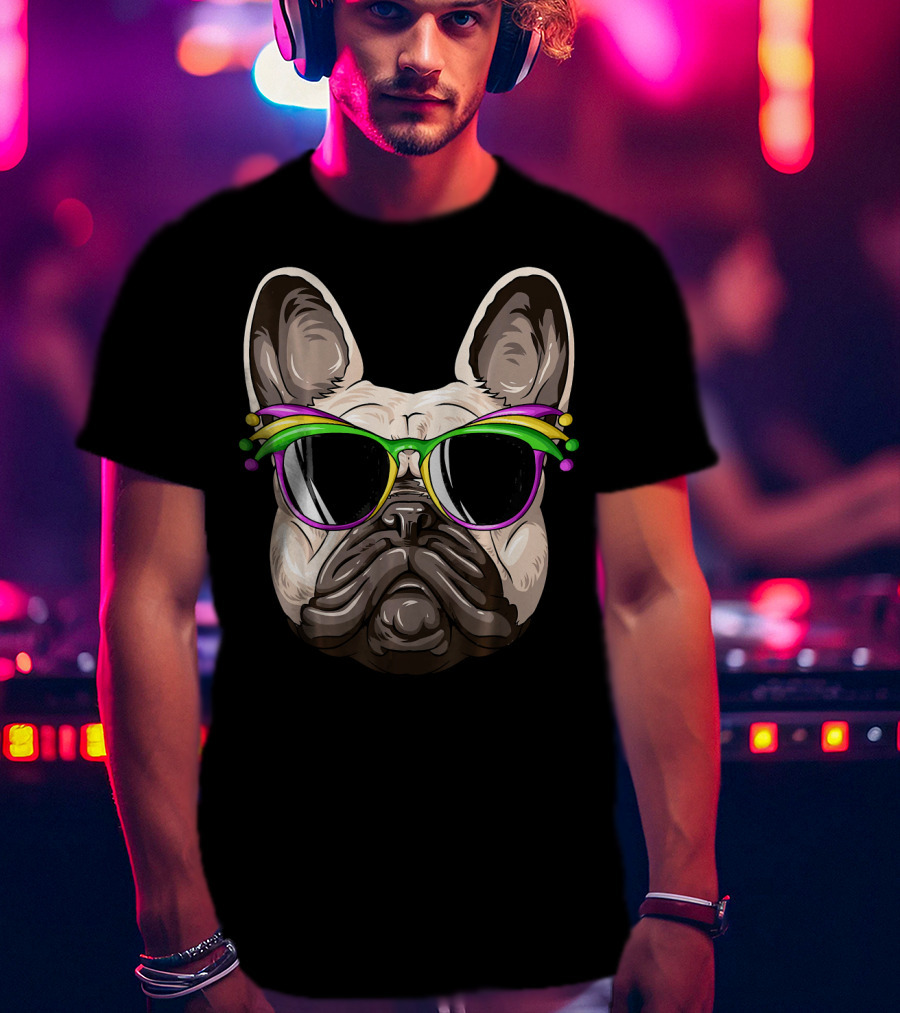 French Bulldog With Mardi Gras Jester Sunglasses T-Shirt