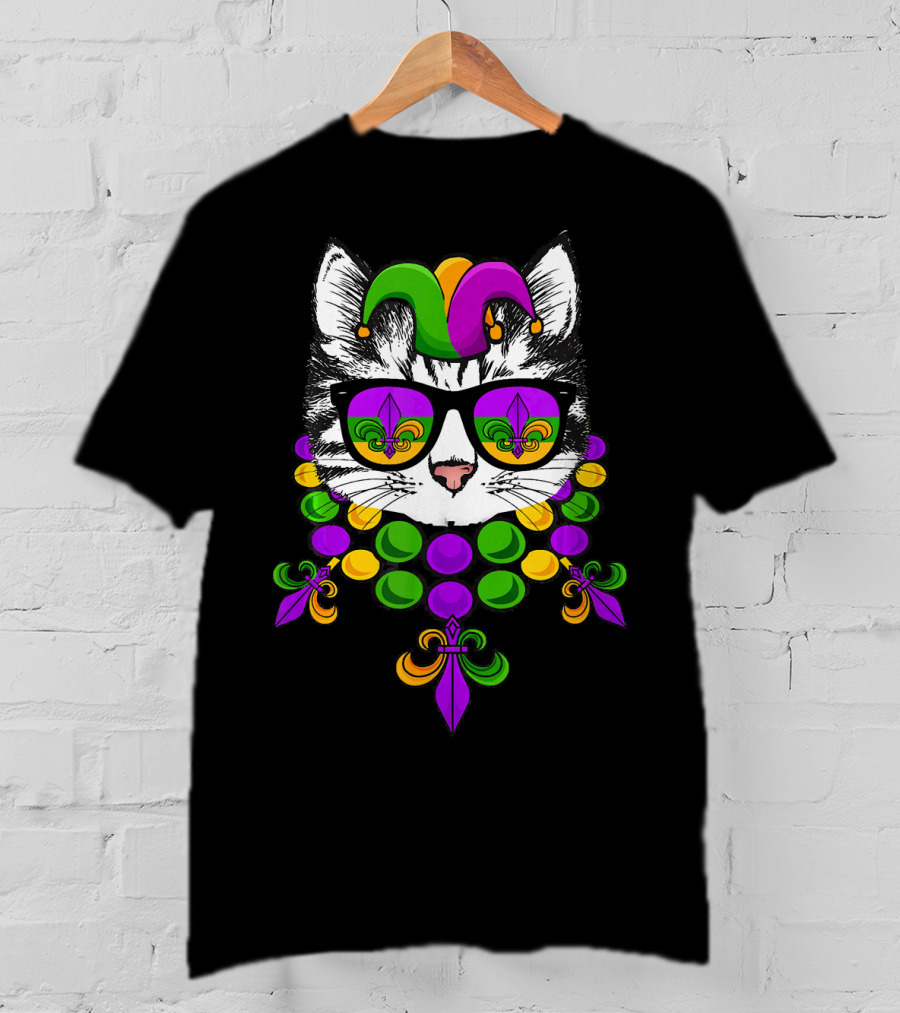 Mardi Gras Cat Meow Kitten New Orleans Jester Hat Fleur-de-Lis Beads T-Shirt