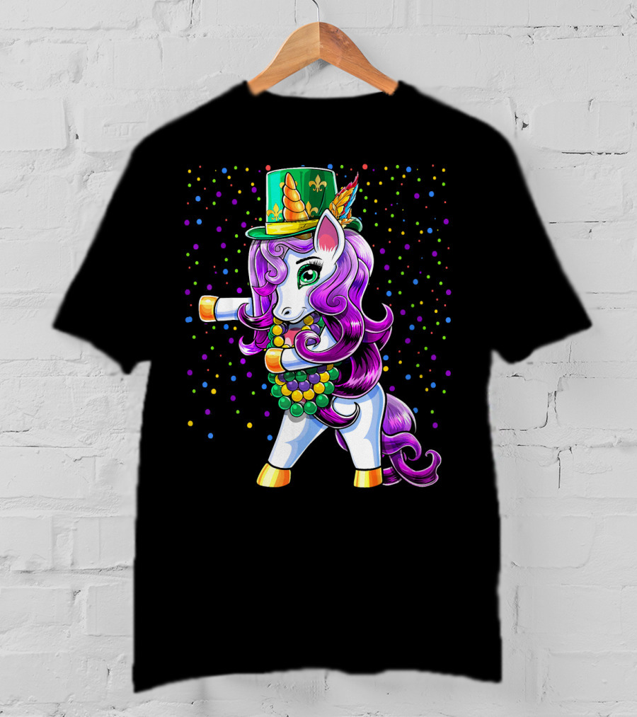 Mardi Gras Unicorn Flossing With Jester Hat And Beads T-Shirt