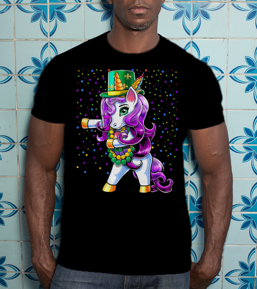 Mardi Gras Unicorn Flossing With Jester Hat And Beads T-Shirt