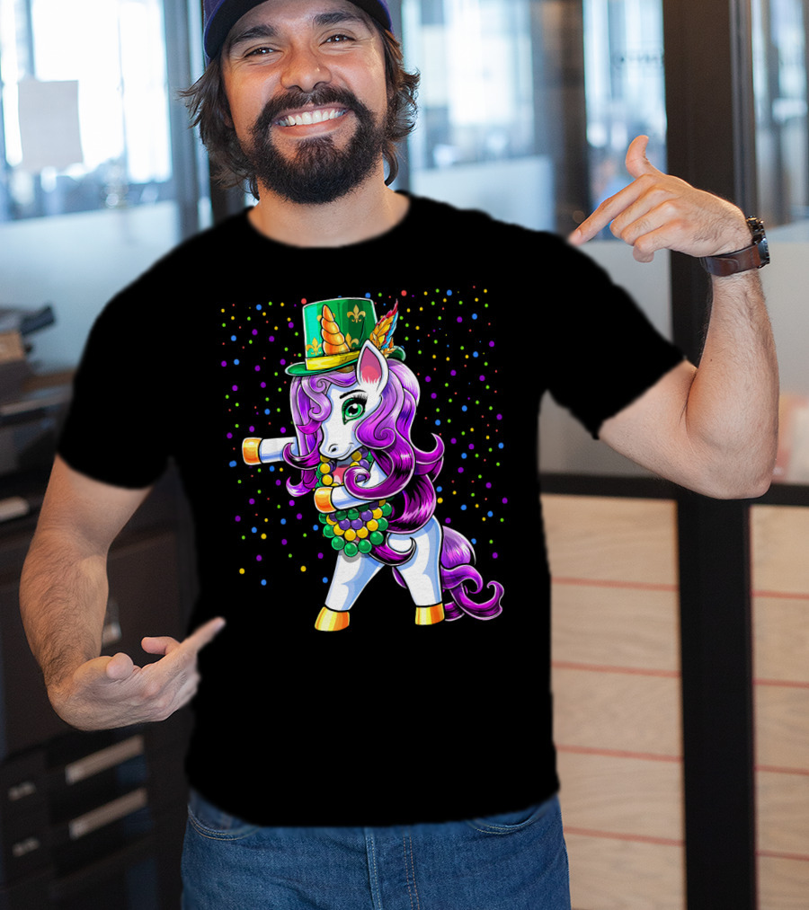 Mardi Gras Unicorn Flossing With Jester Hat And Beads T-Shirt