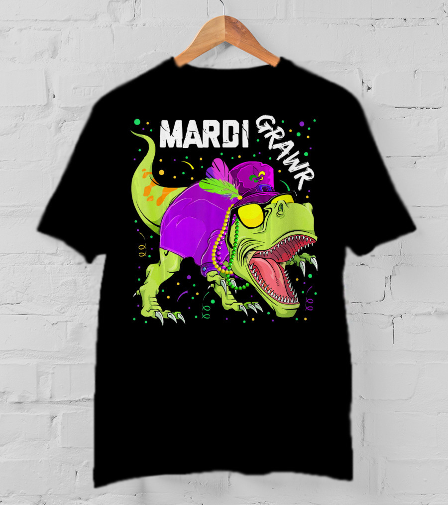 Mardi Grawr Dinosaur Mardi Gras Beads Cosplay Party T-Shirt
