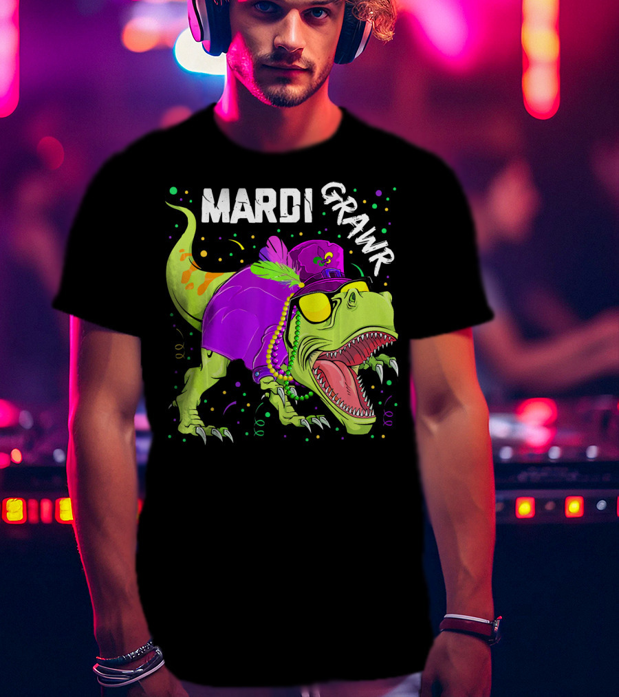Mardi Grawr Dinosaur Mardi Gras Beads Cosplay Party T-Shirt