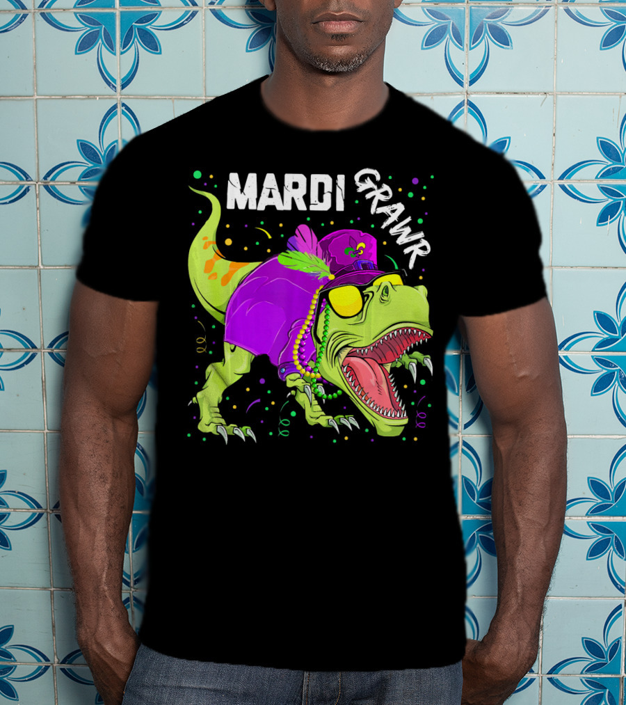 Mardi Grawr Dinosaur Mardi Gras Beads Cosplay Party T-Shirt