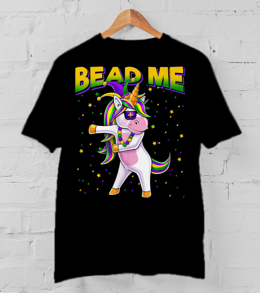 Bead Me Mardi Gras Flossing Unicorn Jest Fleur-de-lis Stars T-Shirt