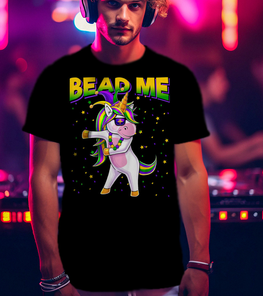 Bead Me Mardi Gras Flossing Unicorn Jest Fleur-de-lis Stars T-Shirt