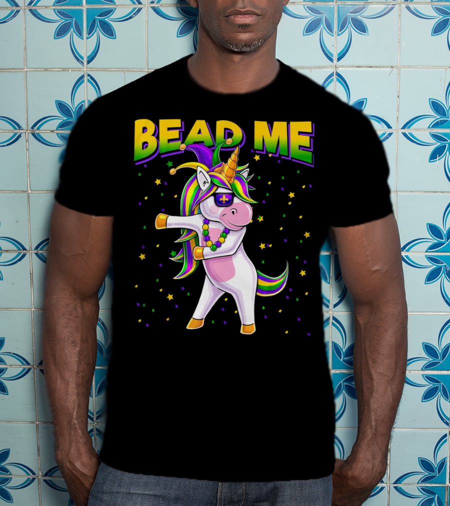 Bead Me Mardi Gras Flossing Unicorn Jest Fleur-de-lis Stars T-Shirt