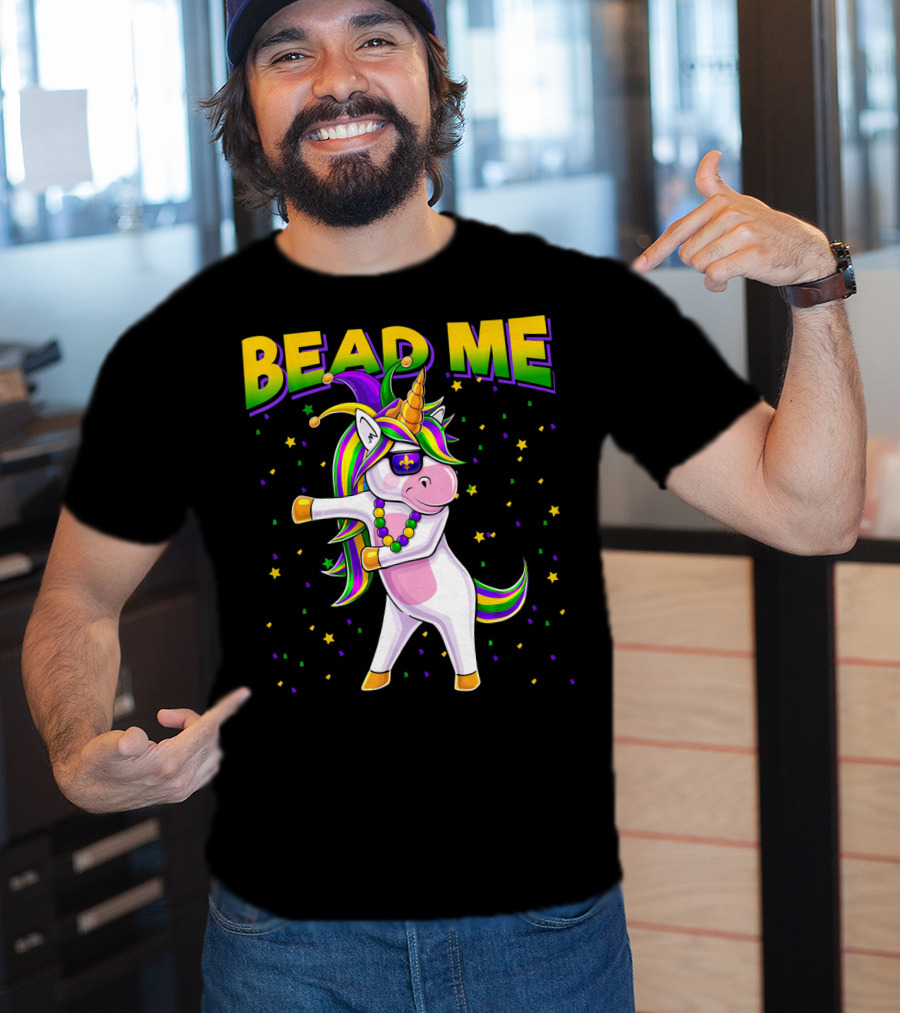 Bead Me Mardi Gras Flossing Unicorn Jest Fleur-de-lis Stars T-Shirt