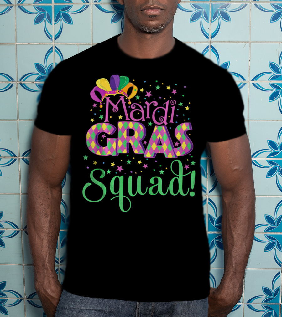 Mardi Gras Squad Funny Carnival Colorful Jester Hat And Stars T-Shirt